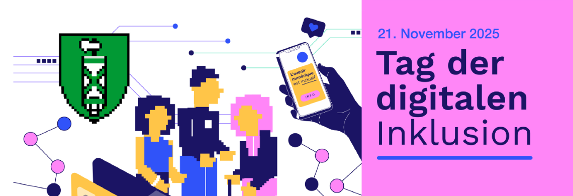 Man sieht Illustrationen von Smartphones und Personen, und die Schrift "Tag der digitalen Inklusion"